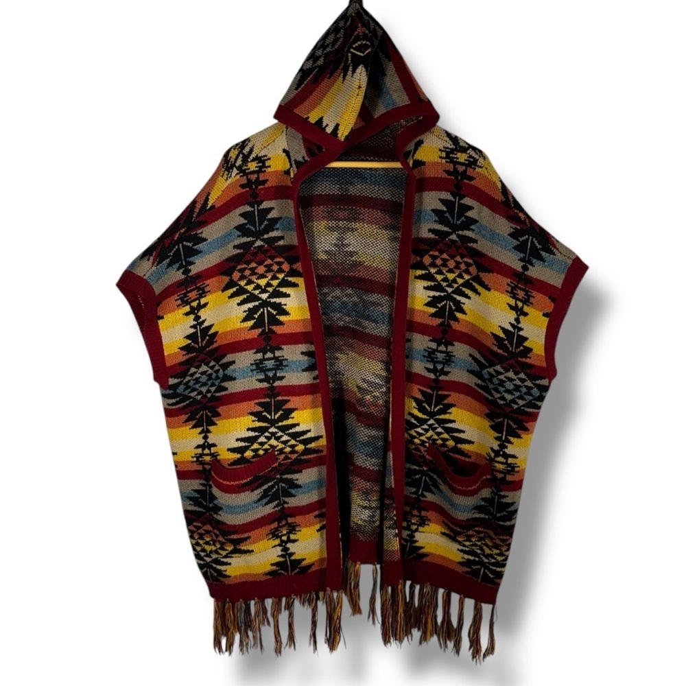 AEO Hooded Fringed Open Front Cardigan Poncho, Aztec Multi Print, Size Medium